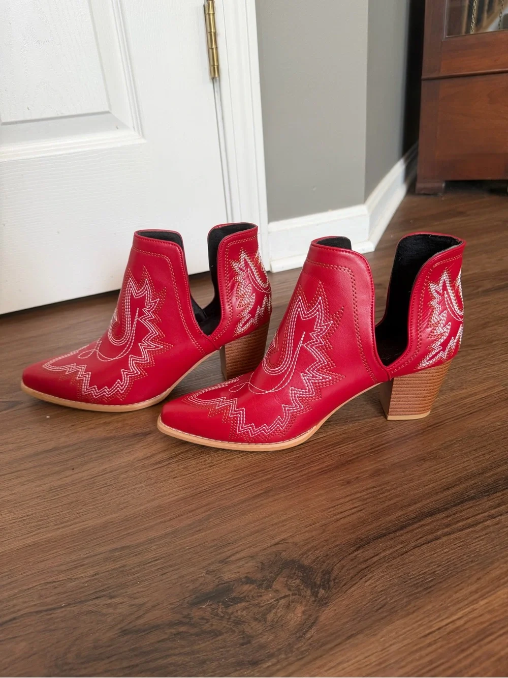 Red Western Ankle Boots with Embroidered Detail - Women